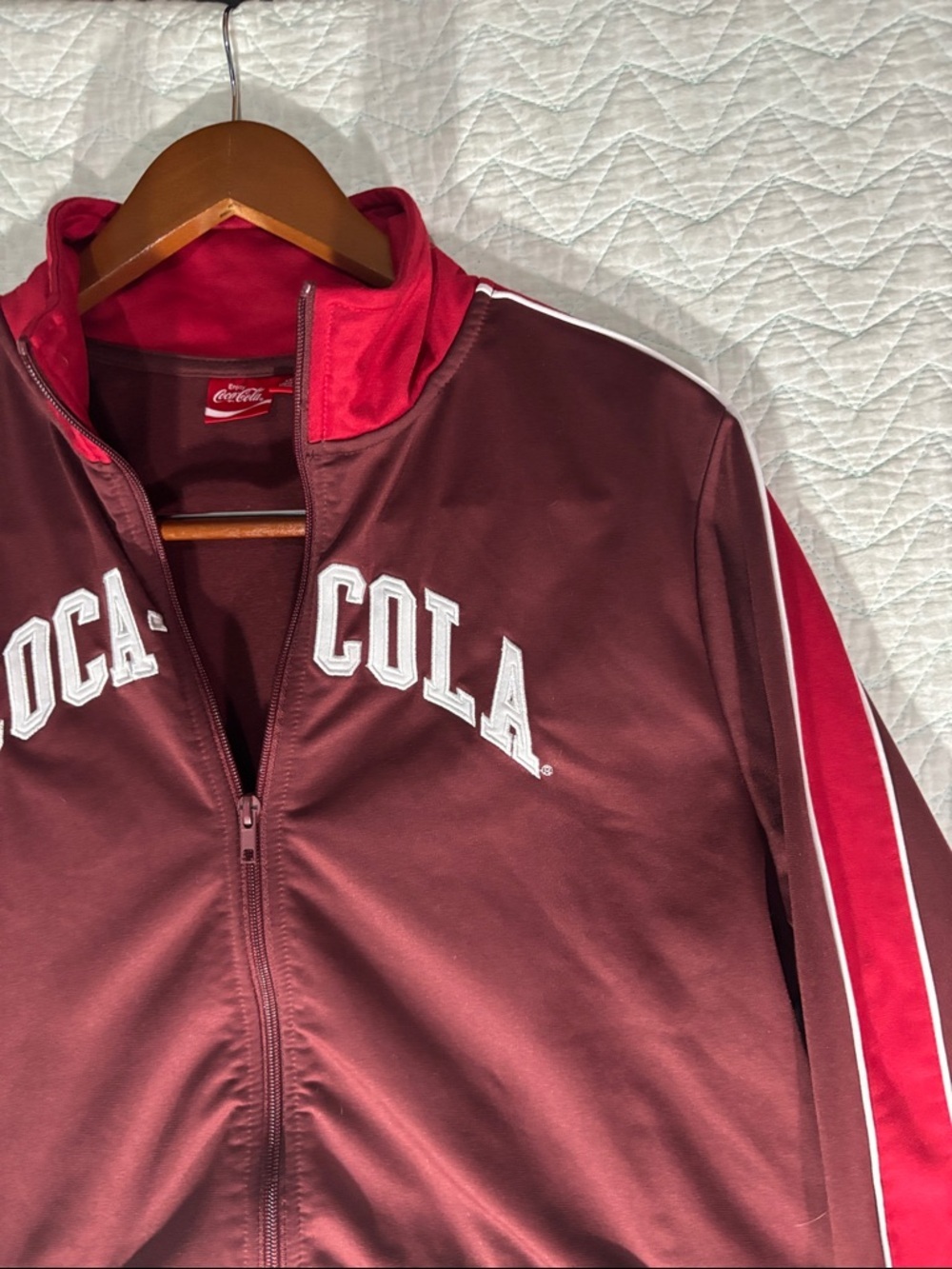 Coca Cola Women's Maroon Track Jacket with Red and White Stripe Sleeves - Picture 3 of 6